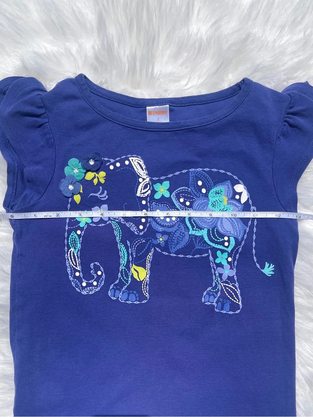 Gymboree Blue Violet Flutter Sleeve Elephant Floral Graphic Tee. Girls  7